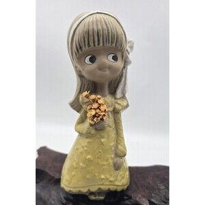 Vintage MOD Figurine Girl Ceramic Yellow Dress White Ribbon JAPAN Spring Decor